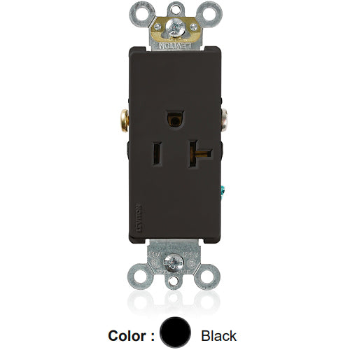 Leviton 16341-E, Decora Plus Straight Blade Single Receptacle, Commercial Specification Grade, Smooth Face, 20A 125V, NEMA 5-20R, 2-Pole, 3-Wire, Side Wire Only, Black