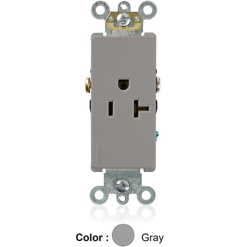 Leviton 16341-GY, Decora Plus Straight Blade Single Receptacle, Commercial Specification Grade, Smooth Face, 20A 125V, NEMA 5-20R, 2-Pole, 3-Wire, Side Wire Only, Gray