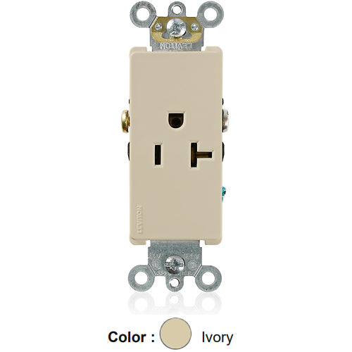Leviton 16341-I, Decora Plus Straight Blade Single Receptacle, Commercial Specification Grade, Smooth Face, 20A 125V, NEMA 5-20R, 2-Pole, 3-Wire, Side Wire Only, Ivory
