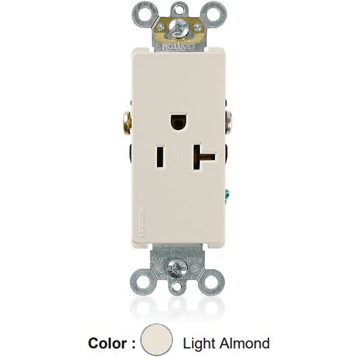Leviton 16341-T, Decora Plus Straight Blade Single Receptacle, Commercial Specification Grade, Smooth Face, 20A 125V, NEMA 5-20R, 2-Pole, 3-Wire, Side Wire Only, Light Almond