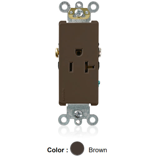 Leviton 16341, Decora Plus Straight Blade Single Receptacle, Commercial Specification Grade, Smooth Face, 20A 125V, NEMA 5-20R, 2-Pole, 3-Wire, Side Wire Only, Brown