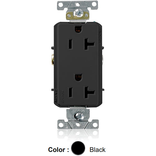 Leviton 16342-E, Decora Plus Straight Blade Duplex Receptacle, Heavy-Duty Industrial Specification Grade, Smooth Face, 20A 125V, NEMA 5-20R, 2-Pole, 3-Wire, Side Wire Only, Black