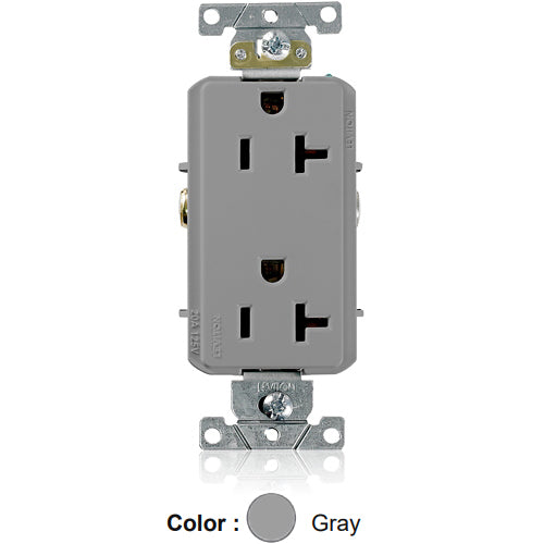 Leviton 16342-GY, Decora Plus Straight Blade Duplex Receptacle, Heavy-Duty Industrial Specification Grade, Smooth Face, 20A 125V, NEMA 5-20R, 2-Pole, 3-Wire, Side Wire Only, Gray