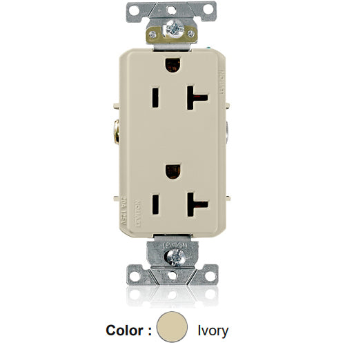 Leviton 16342-I, Decora Plus Straight Blade Duplex Receptacle, Heavy-Duty Industrial Specification Grade, Smooth Face, 20A 125V, NEMA 5-20R, 2-Pole, 3-Wire, Side Wire Only, Ivory