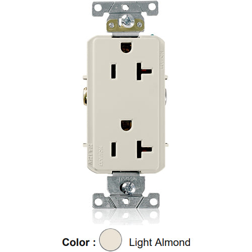 Leviton 16342-T, Decora Plus Straight Blade Duplex Receptacle, Heavy-Duty Industrial Specification Grade, Smooth Face, 20A 125V, NEMA 5-20R, 2-Pole, 3-Wire, Side Wire Only, Light Almond