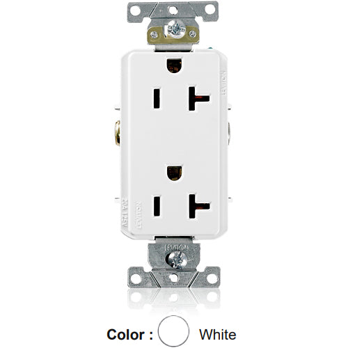 Leviton 16342-W, Decora Plus Straight Blade Duplex Receptacle, Heavy-Duty Industrial Specification Grade, Smooth Face, 20A 125V, NEMA 5-20R, 2-Pole, 3-Wire, Side Wire Only, White
