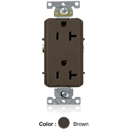 Leviton 16342, Decora Plus Straight Blade Duplex Receptacle, Heavy-Duty Industrial Specification Grade, Smooth Face, 20A 125V, NEMA 5-20R, 2-Pole, 3-Wire, Side Wire Only, Brown