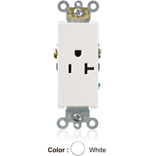 Leviton 16351-W, Decora Plus Straight Blade Single Receptacle, Commercial Specification Grade, Smooth Face, 20A 125V, NEMA 5-20R, 2-Pole, 3-Wire, Back and Side Wire, White