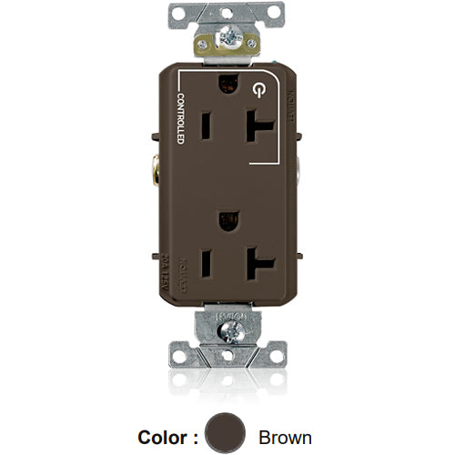 Leviton 16352-1P, Decora Plus Straight Blade Duplex Receptacle, Heavy-Duty Industrial Specification Grade, Split-Circuit, One Outlet Marked ''Controlled'', Smooth Face, 20A 125V, NEMA 5-20R, 2-Pole, 3-Wire, Back and Side Wire, Brown