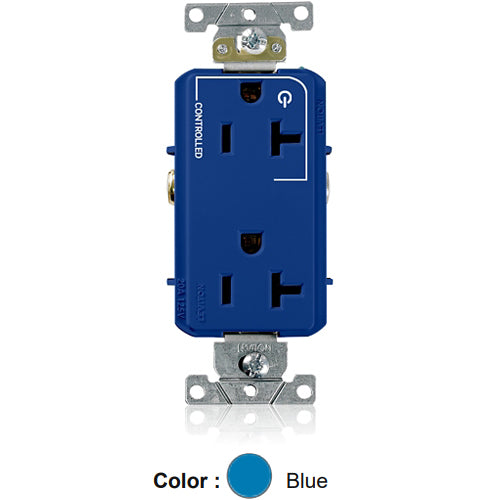 Leviton 16352-1PB, Decora Plus Straight Blade Duplex Receptacle, Heavy-Duty Industrial Specification Grade, Split-Circuit, One Outlet Marked ''Controlled'', Smooth Face, 20A 125V, NEMA 5-20R, 2-Pole, 3-Wire, Back and Side Wire, Blue
