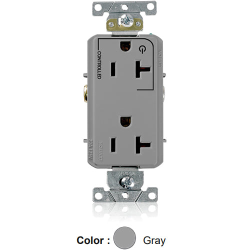Leviton 16352-1PG, Decora Plus Straight Blade Duplex Receptacle, Heavy-Duty Industrial Specification Grade, Split-Circuit, One Outlet Marked ''Controlled'', Smooth Face, 20A 125V, NEMA 5-20R, 2-Pole, 3-Wire, Back and Side Wire, Gray