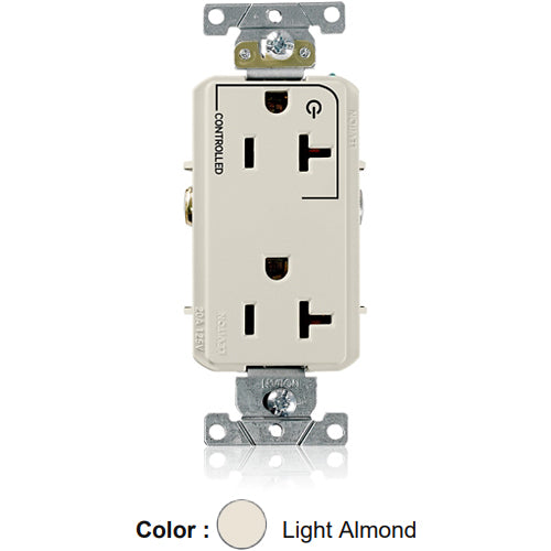 Leviton 16352-1PT, Decora Plus Straight Blade Duplex Receptacle, Heavy-Duty Industrial Specification Grade, Split-Circuit, One Outlet Marked ''Controlled'', Smooth Face, 20A 125V, NEMA 5-20R, 2-Pole, 3-Wire, Back and Side Wire, Light Almond