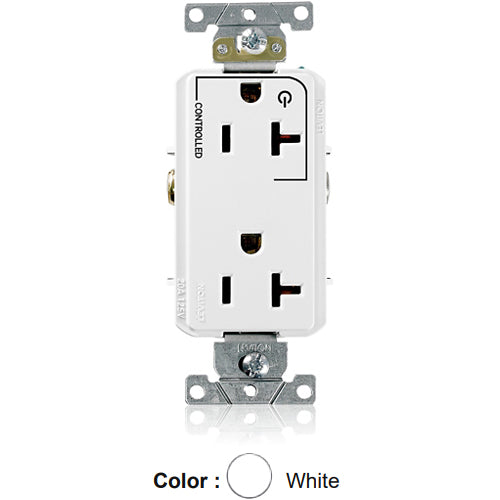 Leviton 16352-1PW, Decora Plus Straight Blade Duplex Receptacle, Heavy-Duty Industrial Specification Grade, Split-Circuit, One Outlet Marked ''Controlled'', Smooth Face, 20A 125V, NEMA 5-20R, 2-Pole, 3-Wire, Back and Side Wire, White