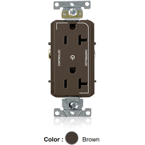 Leviton 16352-2P, Decora Plus Straight Blade Duplex Receptacle, Heavy-Duty Industrial Specification Grade, Two Outlets Marked ''Controlled'', Smooth Face, 20A 125V, NEMA 5-20R, 2-Pole, 3-Wire, Back and Side Wire, Brown