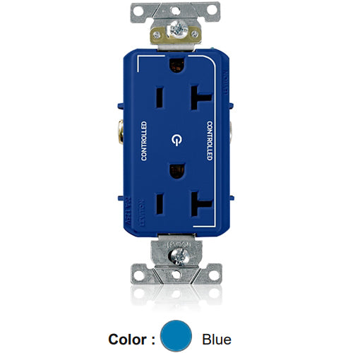 Leviton 16352-2PB, Decora Plus Straight Blade Duplex Receptacle, Heavy-Duty Industrial Specification Grade, Two Outlets Marked ''Controlled'', Smooth Face, 20A 125V, NEMA 5-20R, 2-Pole, 3-Wire, Back and Side Wire, Blue