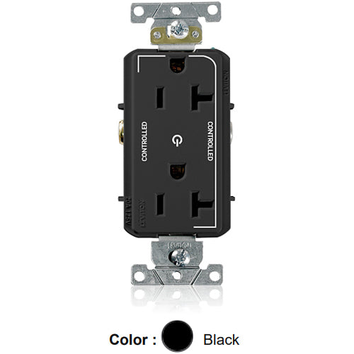 Leviton 16352-2PE, Decora Plus Straight Blade Duplex Receptacle, Heavy-Duty Industrial Specification Grade, Two Outlets Marked ''Controlled'', Smooth Face, 20A 125V, NEMA 5-20R, 2-Pole, 3-Wire, Back and Side Wire, Black