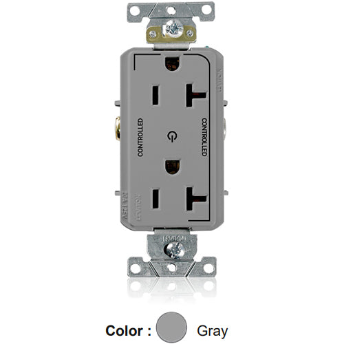 Leviton 16352-2PG, Decora Plus Straight Blade Duplex Receptacle, Heavy-Duty Industrial Specification Grade, Two Outlets Marked ''Controlled'', Smooth Face, 20A 125V, NEMA 5-20R, 2-Pole, 3-Wire, Back and Side Wire, Gray