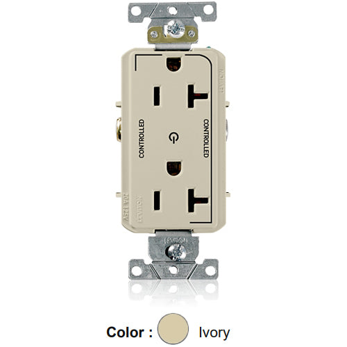 Leviton 16352-2PI, Decora Plus Straight Blade Duplex Receptacle, Heavy-Duty Industrial Specification Grade, Two Outlets Marked ''Controlled'', Smooth Face, 20A 125V, NEMA 5-20R, 2-Pole, 3-Wire, Back and Side Wire, Ivory