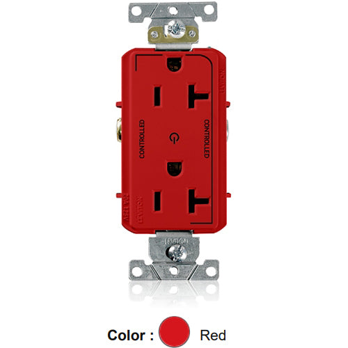 Leviton 16352-2PR, Decora Plus Straight Blade Duplex Receptacle, Heavy-Duty Industrial Specification Grade, Two Outlets Marked ''Controlled'', Smooth Face, 20A 125V, NEMA 5-20R, 2-Pole, 3-Wire, Back and Side Wire, Red
