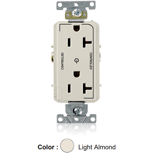 Leviton 16352-2PT, Decora Plus Straight Blade Duplex Receptacle, Heavy-Duty Industrial Specification Grade, Two Outlets Marked ''Controlled'', Smooth Face, 20A 125V, NEMA 5-20R, 2-Pole, 3-Wire, Back and Side Wire, Light Almond