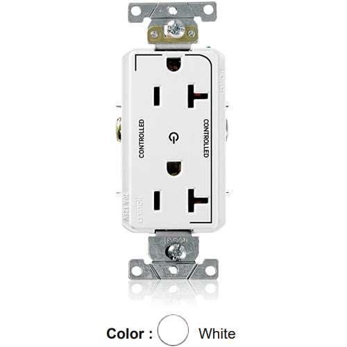 Leviton 16352-2PW, Decora Plus Straight Blade Duplex Receptacle, Heavy-Duty Industrial Specification Grade, Two Outlets Marked ''Controlled'', Smooth Face, 20A 125V, NEMA 5-20R, 2-Pole, 3-Wire, Back and Side Wire, White