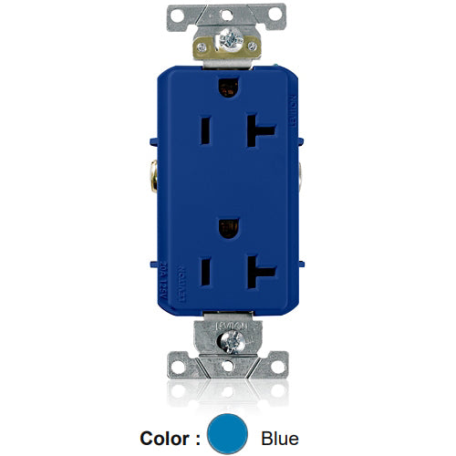 Leviton 16352-BU, Decora Plus Straight Blade Duplex Receptacle, Heavy-Duty Industrial Specification Grade, Smooth Face, 20A 125V, NEMA 5-20R, 2-Pole, 3-Wire, Back and Side Wire, Blue