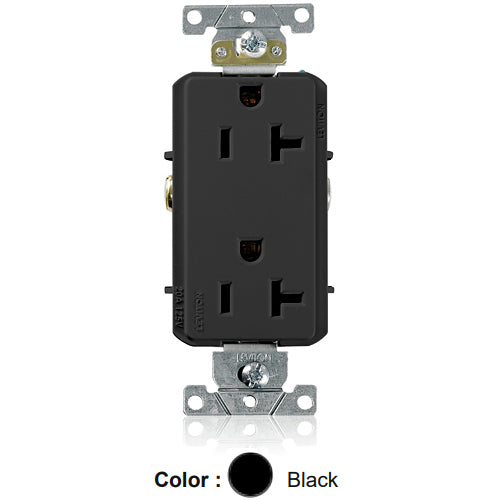 Leviton 16352-E, Decora Plus Straight Blade Duplex Receptacle, Heavy-Duty Industrial Specification Grade, Smooth Face, 20A 125V, NEMA 5-20R, 2-Pole, 3-Wire, Back and Side Wire, Black