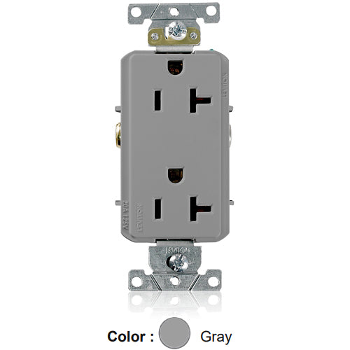 Leviton 16352-GY, Decora Plus Straight Blade Duplex Receptacle, Heavy-Duty Industrial Specification Grade, Smooth Face, 20A 125V, NEMA 5-20R, 2-Pole, 3-Wire, Back and Side Wire, Gray