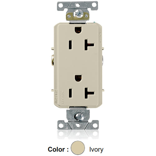 Leviton 16352-I, Decora Plus Straight Blade Duplex Receptacle, Heavy-Duty Industrial Specification Grade, Smooth Face, 20A 125V, NEMA 5-20R, 2-Pole, 3-Wire, Back and Side Wire, Ivory
