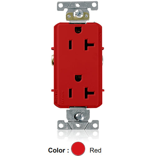 Leviton 16352-R, Decora Plus Straight Blade Duplex Receptacle, Heavy-Duty Industrial Specification Grade, Smooth Face, 20A 125V, NEMA 5-20R, 2-Pole, 3-Wire, Back and Side Wire, Red
