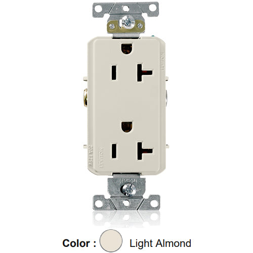 Leviton 16352-T, Decora Plus Straight Blade Duplex Receptacle, Heavy-Duty Industrial Specification Grade, Smooth Face, 20A 125V, NEMA 5-20R, 2-Pole, 3-Wire, Back and Side Wire, Light Almond