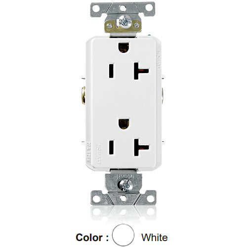 Leviton 16352-W, Decora Plus Straight Blade Duplex Receptacle, Heavy-Duty Industrial Specification Grade, Smooth Face, 20A 125V, NEMA 5-20R, 2-Pole, 3-Wire, Back and Side Wire, White