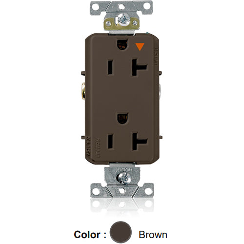 Leviton 16362-BIG, Decora Plus Straight Blade Duplex Receptacle, Heavy-Duty Industrial Specification Grade, Smooth Face, Isolated Ground, 20A 125V, NEMA 5-20R, 2-Pole, 3-Wire, Back and Side Wire, Brown