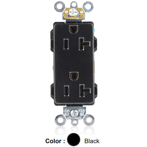 Leviton 16362-E, Decora Plus Straight Blade Duplex Receptacle, Heavy-Duty Industrial Specification Grade, Smooth Face, 20A 125V, NEMA 5-20R, 2-Pole, 3-Wire, Back and Side Wire, Black