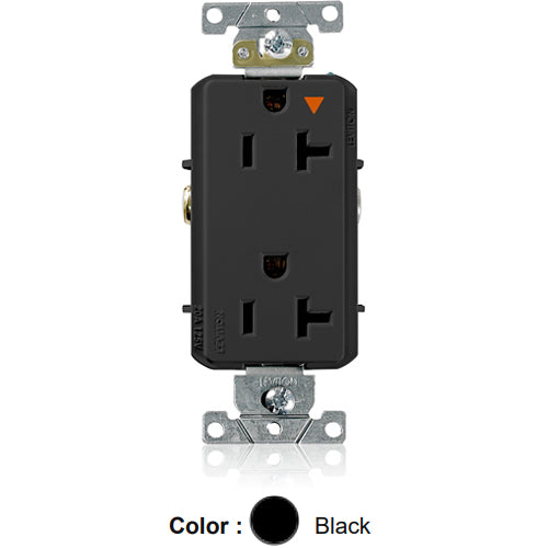 Leviton 16362-EIG, Decora Plus Straight Blade Duplex Receptacle, Heavy-Duty Industrial Specification Grade, Smooth Face, Isolated Ground, 20A 125V, NEMA 5-20R, 2-Pole, 3-Wire, Back and Side Wire, Black