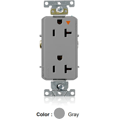 Leviton 16362-GIG, Decora Plus Straight Blade Duplex Receptacle, Heavy-Duty Industrial Specification Grade, Smooth Face, Isolated Ground, 20A 125V, NEMA 5-20R, 2-Pole, 3-Wire, Back and Side Wire, Gray