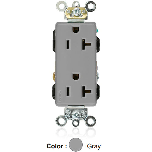 Leviton 16362-GY, Decora Plus Straight Blade Duplex Receptacle, Heavy-Duty Industrial Specification Grade, Smooth Face, 20A 125V, NEMA 5-20R, 2-Pole, 3-Wire, Back and Side Wire, Gray