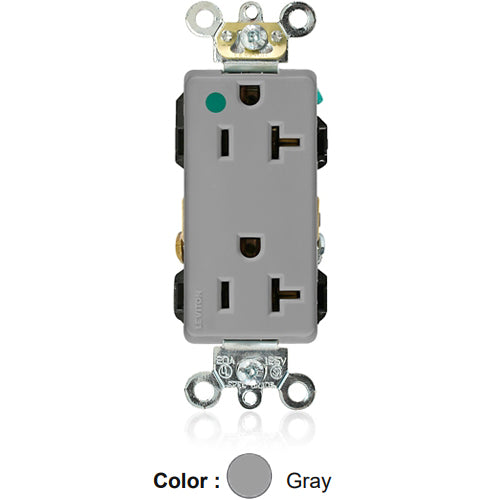 Leviton 16362-HGG, Decora Plus Straight Blade Duplex Receptacle, Extra Heavy-Duty Hospital Grade, Smooth Face, 20A 125V, NEMA 5-20R, 2-Pole, 3-Wire, Back and Side Wire, Gray