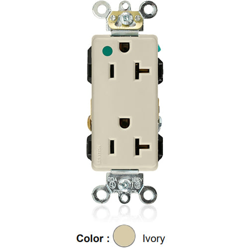 Leviton 16362-HGI, Decora Plus Straight Blade Duplex Receptacle, Extra Heavy-Duty Hospital Grade, Smooth Face, 20A 125V, NEMA 5-20R, 2-Pole, 3-Wire, Back and Side Wire, Ivory