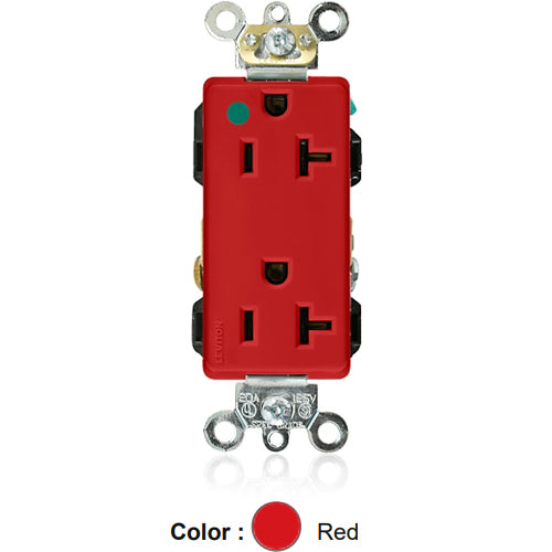 Leviton 16362-HGR, Decora Plus Straight Blade Duplex Receptacle, Extra Heavy-Duty Hospital Grade, Smooth Face, 20A 125V, NEMA 5-20R, 2-Pole, 3-Wire, Back and Side Wire, Red