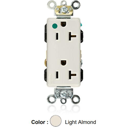 Leviton 16362-HGT, Decora Plus Straight Blade Duplex Receptacle, Extra Heavy-Duty Hospital Grade, Smooth Face, 20A 125V, NEMA 5-20R, 2-Pole, 3-Wire, Back and Side Wire, Light Almond