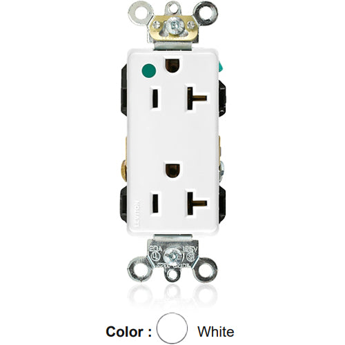 Leviton 16362-HGW, Decora Plus Straight Blade Duplex Receptacle, Extra Heavy-Duty Hospital Grade, Smooth Face, 20A 125V, NEMA 5-20R, 2-Pole, 3-Wire, Back and Side Wire, White