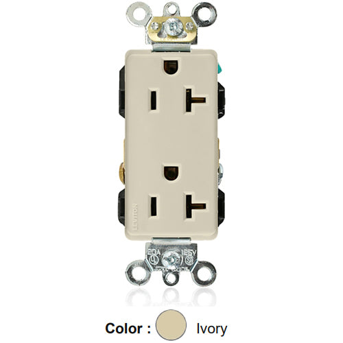 Leviton 16362-I, Decora Plus Straight Blade Duplex Receptacle, Heavy-Duty Industrial Specification Grade, Smooth Face, 20A 125V, NEMA 5-20R, 2-Pole, 3-Wire, Back and Side Wire, Ivory