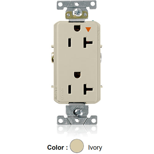 Leviton 16362-IIG, Decora Plus Straight Blade Duplex Receptacle, Heavy-Duty Industrial Specification Grade, Smooth Face, Isolated Ground, 20A 125V, NEMA 5-20R, 2-Pole, 3-Wire, Back and Side Wire, Ivory