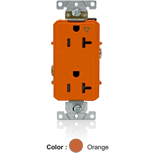Leviton 16362-OIG, Decora Plus Straight Blade Duplex Receptacle, Heavy-Duty Industrial Specification Grade, Smooth Face, Isolated Ground, 20A 125V, NEMA 5-20R, 2-Pole, 3-Wire, Back and Side Wire, Orange