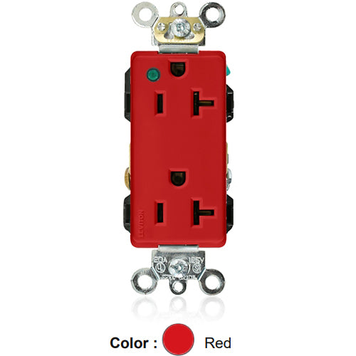 Leviton 16362-PLR, Decora Plus Straight Blade Duplex Receptacle, Extra Heavy-Duty Hospital Grade, Power Indication, Smooth Face, 20A 125V, NEMA 5-20R, 2-Pole, 3-Wire, Back and Side Wire, Red
