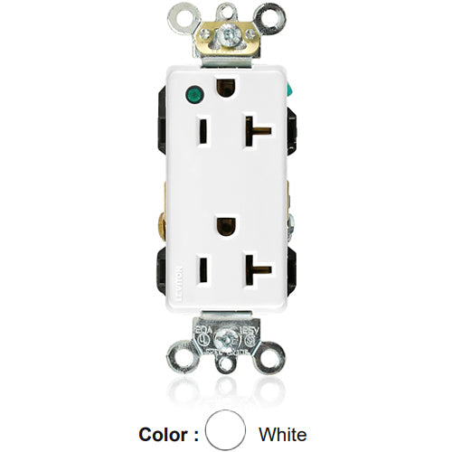 Leviton 16362-PLW, Decora Plus Straight Blade Duplex Receptacle, Extra Heavy-Duty Hospital Grade, Power Indication, Smooth Face, 20A 125V, NEMA 5-20R, 2-Pole, 3-Wire, Back and Side Wire, White