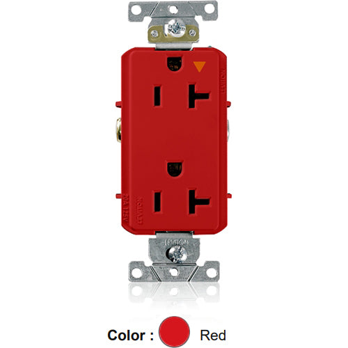 Leviton 16362-RIG, Decora Plus Straight Blade Duplex Receptacle, Heavy-Duty Industrial Specification Grade, Smooth Face, Isolated Ground, 20A 125V, NEMA 5-20R, 2-Pole, 3-Wire, Back and Side Wire, Red