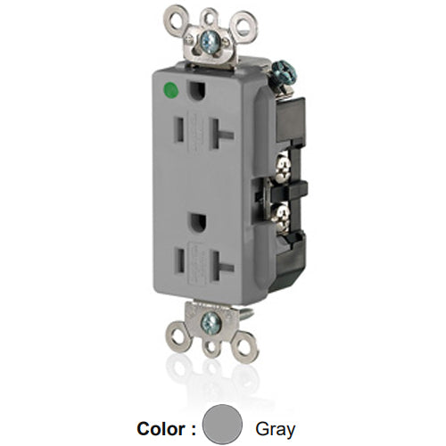 Leviton 16362-SGG, Decora Plus Straight Blade Duplex Receptacle, Extra Heavy-Duty Hospital Grade, Tamper-Resistant, Smooth Face, 20A 125V, NEMA 5-20R, 2-Pole, 3-Wire, Back and Side Wire, Gray