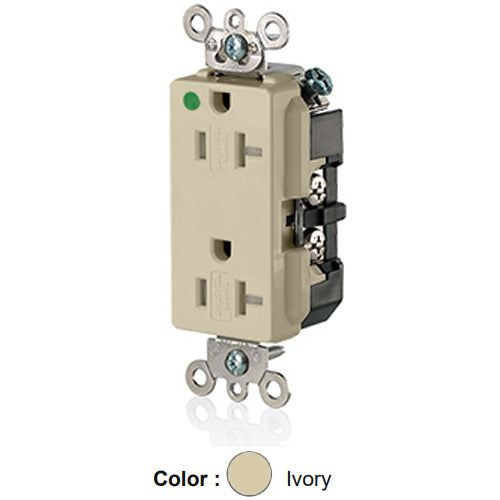 Leviton 16362-SGI, Decora Plus Straight Blade Duplex Receptacle, Extra Heavy-Duty Hospital Grade, Tamper-Resistant, Smooth Face, 20A 125V, NEMA 5-20R, 2-Pole, 3-Wire, Back and Side Wire, Ivory